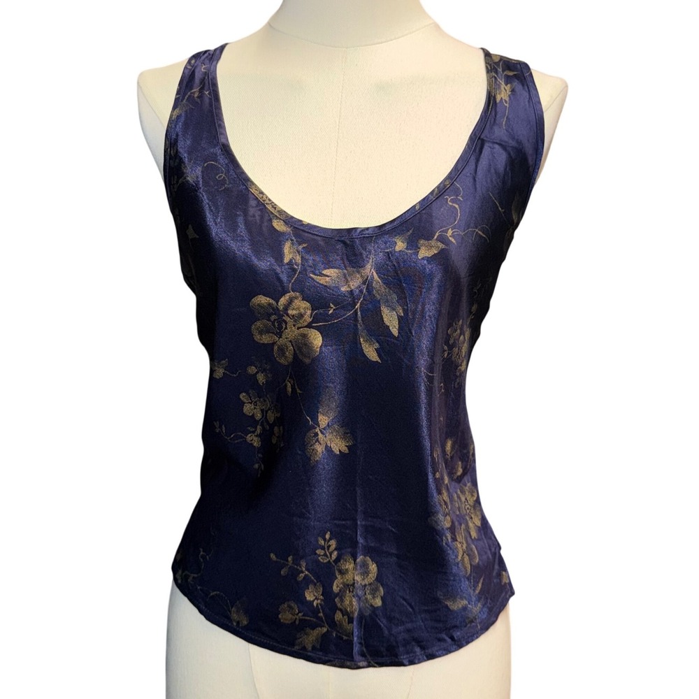 Victoria's Secret Cami Top Womens L Blue Excellent Vintage Gold Floral Satin